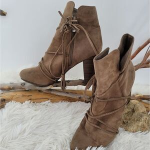 Breckelles faux suede heeled boots with wrap around cord